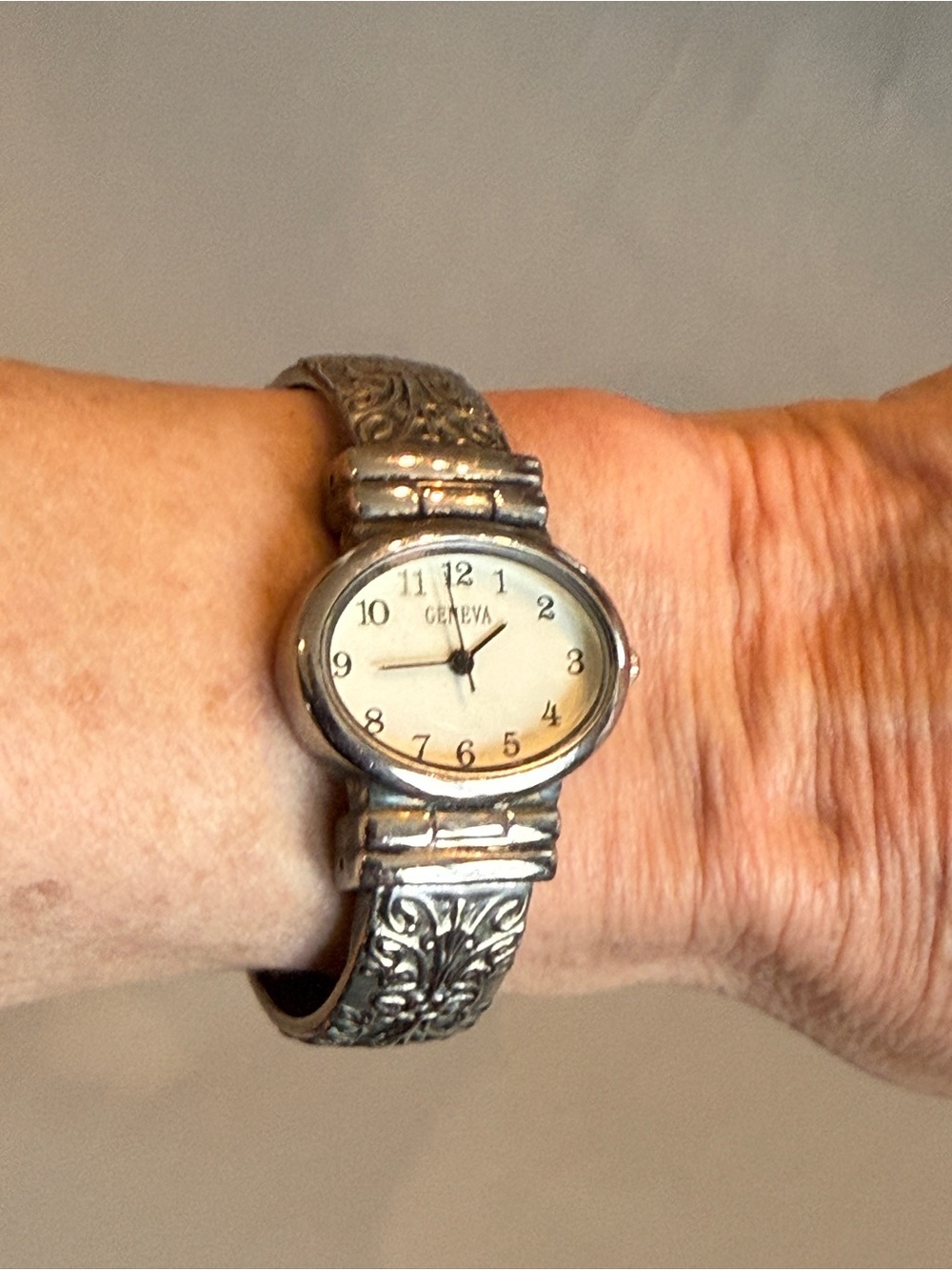 Geneva Silver Floral Engraved Cuff Watch with Cream Dial